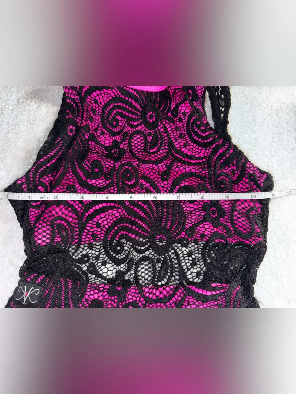 Kandi Kouture Hot Pink  Lace Leotard  with Black Mesh. Size Child Small (4/5)